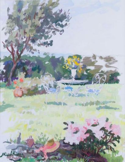 Olga MISCHKINE 1910-1985 «Salon de jardin» gouache SBD
62.5x48cm
