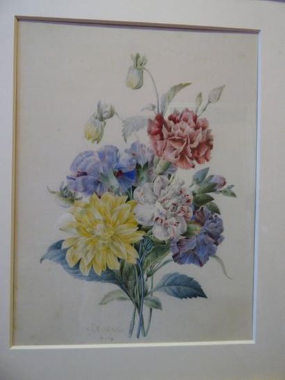 null Eulalie de BRIDIEUI 

"Bouquet de fleurs"

aquarelle signée et datée 1833, Elève...
