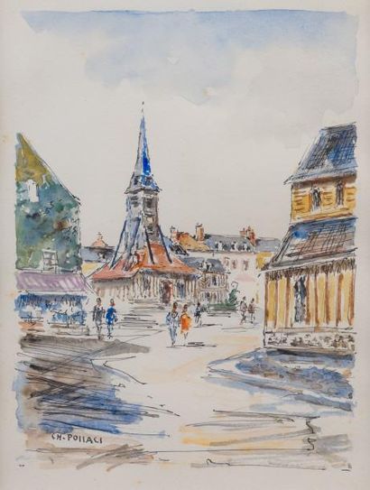 null Charles POLLACI

1907-1989 

suite de deux aquarelles, "Honfleur, Eglise Sainte...