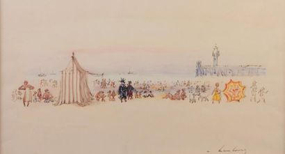 null André HAMBOURG 

1909-1999 

"La plage" 

aquarelle, SBD 24,5x45cm