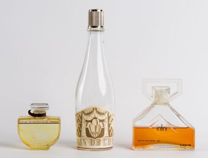 CARON Trois flacons dont "Infini" Parfum de toilette d'origine, 2/3 plein, bouchon...