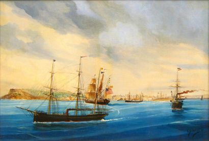 Chéri DUBREUIL (1828-1880) Navires espagnol et américain en rade du Havre. Huile... Gazette Drouot