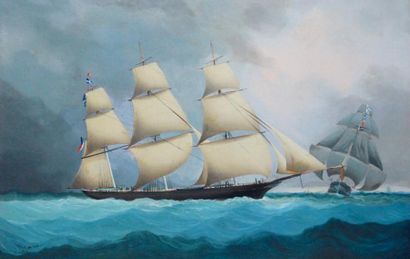 Chéri DUBREUIL (1828-1880) Trois mâts Reine du monde sous voiles croisant un navire... Gazette Drouot