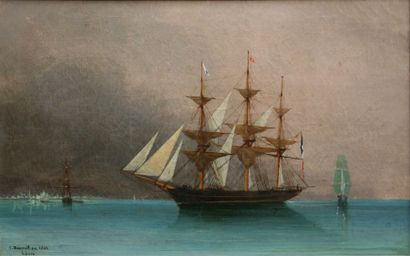 Chéri DUBREUIL (1828-c.1880) Navire au mouillage Huile sur toile sbg datée 1862... Gazette Drouot