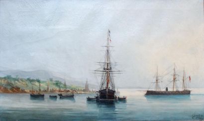  Chéri DUBREUIL (1828-c.1880) « Navires en rade près d’un village » Huile sur toile... Gazette Drouot