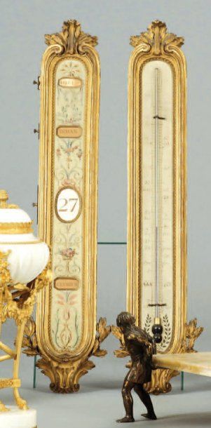 null Calendrier et thermomètre de forme rectangulaire en bois sculpté et doré - décor...