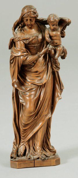 null Belle et importante Vierge à l'Enfant en bois sculpté en ronde-bosse. Yeux en...