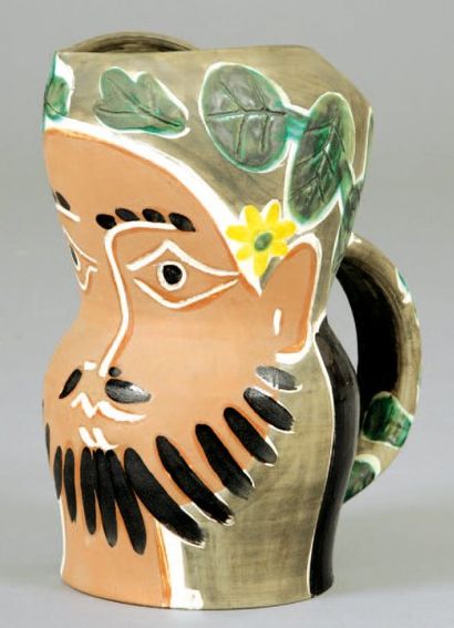 Pablo Picasso (1881-1973) Bearded man - 1953 - Pichet en terre de faïence décor aux...