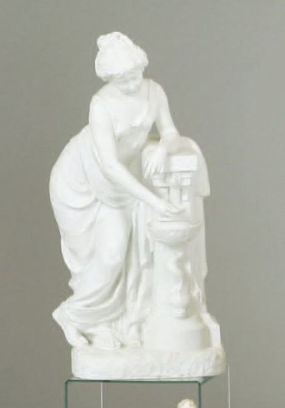 Lecorney (XIXème - XXème) Femme à la fontaine sculpture en biscuit - signé avec cachets...