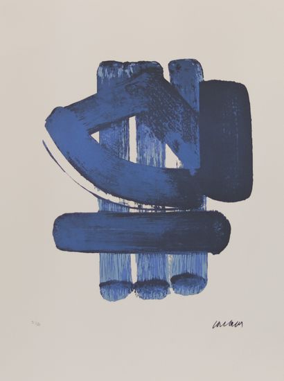 Pierre Soulages. Composition Bleu. Lithographie sur papier signée et numérotée 31/150.... Gazette Drouot