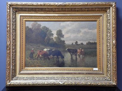 LOUIS ROBBE LOUIS ROBBE (1806-1887). OIL ON CANVAS "PEASANT AND HIS HERD" SIGNED...