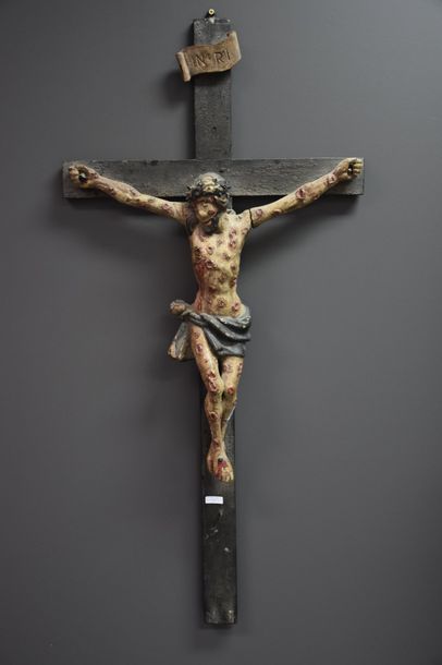 null PLAGUE VICTIM CHRISTUS WITH COVERED BY SCROUFULOUS IN WOODEN POLYCHROME WOOD...