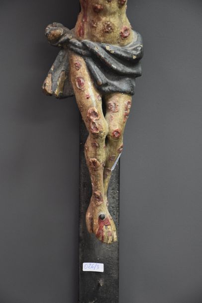 null PLAGUE VICTIM CHRISTUS WITH COVERED BY SCROUFULOUS IN WOODEN POLYCHROME WOOD...