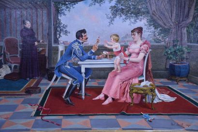 PAUL JAZET PAINTING OIL ON CANVAS ROMANTIC FAMILY SCENE OF AN OFFICER SIGNED PAUL...
