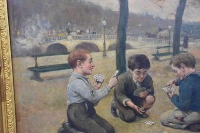 null PAINTING OIL ON CANVAS THE KIDS OF PARIS SIGNED C. BRUNET LABEL ON THE BACK...