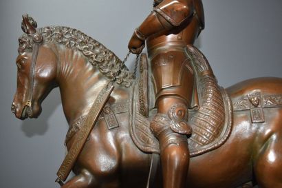 null 19TH CENTURY EQUESTRIAN BRONZE FROM VERROCCHIO BLACK WOODEN BASE. TOTAL HT 77...