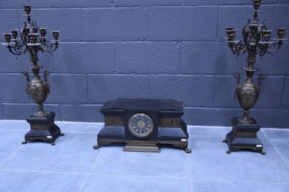 null 3 PIECES CLOCK TRIM BLACK MARBLE AND BRONZE 19TH CENTURY DIAL SIGNED H VERCRUYS...
