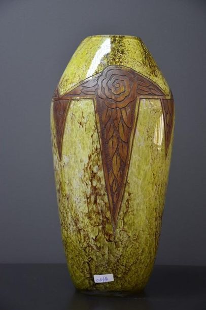 LEGRAS GLASS VASE WITH ACID AND ENAMELLED ART DECO DECOR WITH LEGRAS SIGN (1839-1916)....