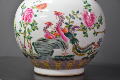 null CHINESE PORCELAIN VASE WITH FLOWER AND PHOENIX DECORATION. GRENADE HANDLES HT...