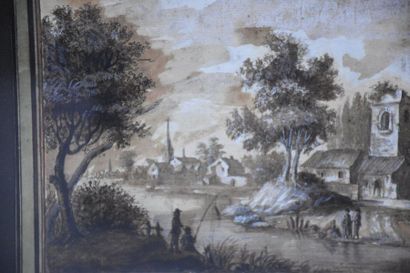 null Ink and wash drawing, country scene, 18th century Dutch school. 23 x 17 cm.