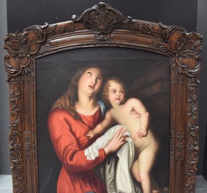 null Oil on canvas early XVIII th, Mother with the child, in its period carved wooden...