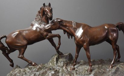 null Bronze around 1900 "the horse hug" on a base in turquin blue marble. Ht 39 cm;...