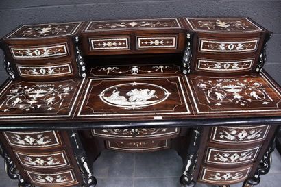 null Mazarin style desk in rosewood veneer and mother-of-pearl and ivory inlays (some...