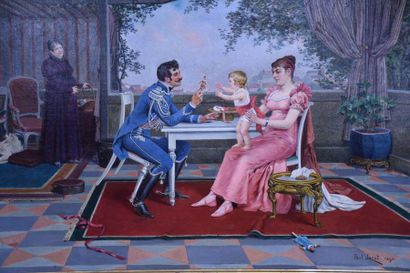 null Oil on canvas romantic family scene of an officer signed Paul Jazet 1894. 72.5...