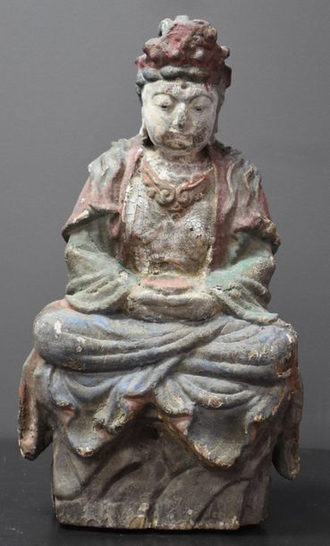 null Polychrome carved wooden Buddha, ancient Chinese work. Ht 37 cm.