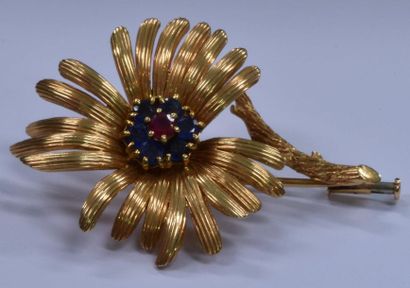 Yellow gold ruby ​​and sapphire brooch, 12.9...