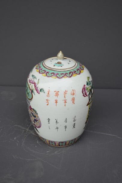 null Ginger pot in porcelain of China, 19th century, decorated with a flowerpot....