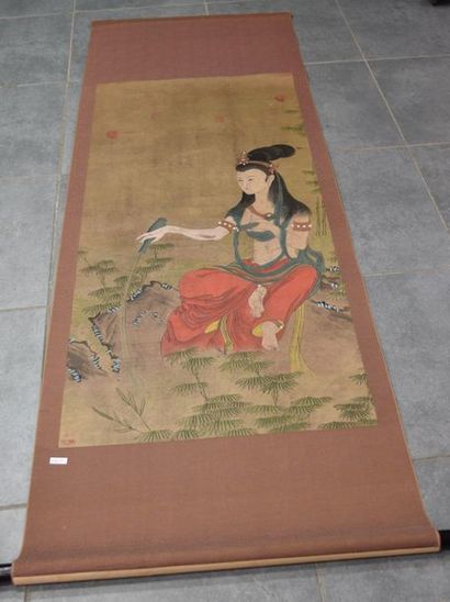 null Peinture chinoise sur papier signée, sujet "élégante". 120 x 60 cm.