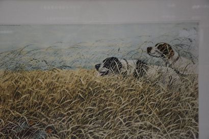 null Léon Danchin (1887-1938). Engraving of dogs stalking two woodcocks. 72 x 52...
