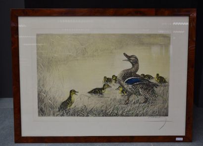 null Léon Danchin (1887-1938). Engraving, cane and ducklings at the water's edge......