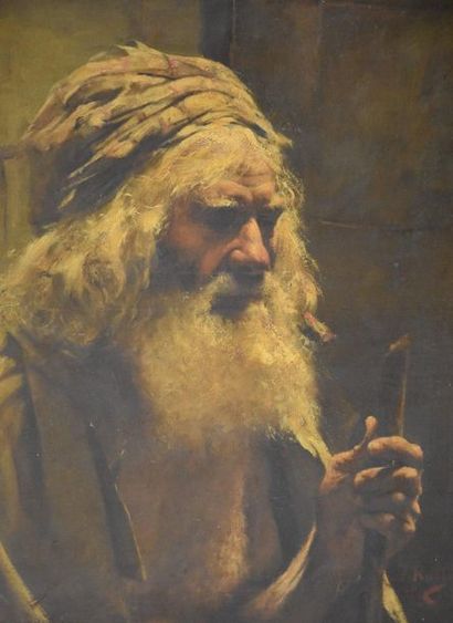 null Jules Rullens ( 1858 - 1936 ) . Portrait of an old oriental man, oil on canvas,...