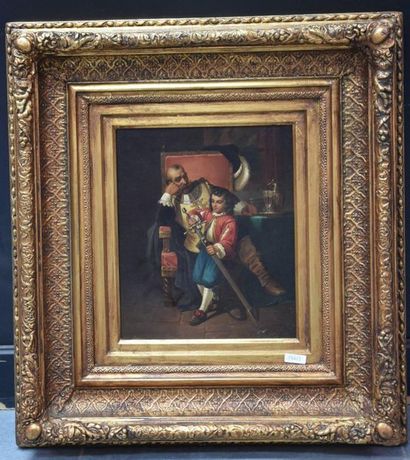 null Historicist painting "The young son holding his father's rapier . Oil on canvas...