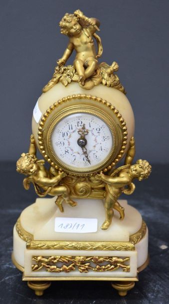 null White marble and gilt bronze miniature clock with finely chiselled gilt bronze...