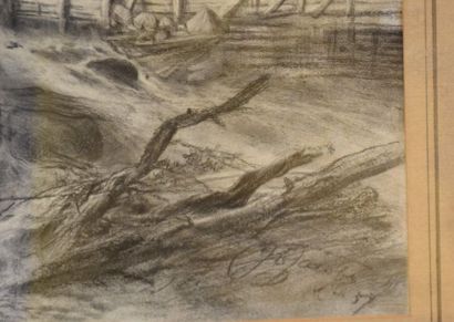 null Drawing XIX th century " Landscape at the river " . 56 x 40 cm .