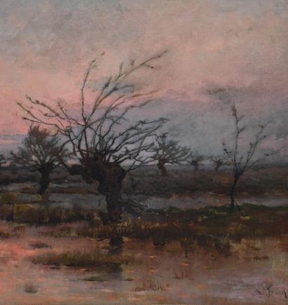 null Lucien Franck ( 1857-1920). "Sunset on the swamp", has a label for an exhibition...