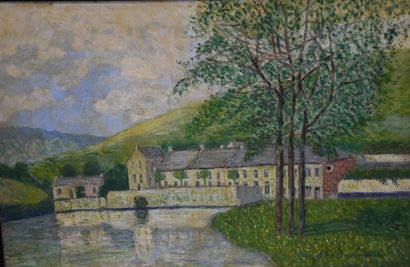 null Maurice des Ombiaux ( 1868 - 1943 ). Traditional houses by the lake, signed...