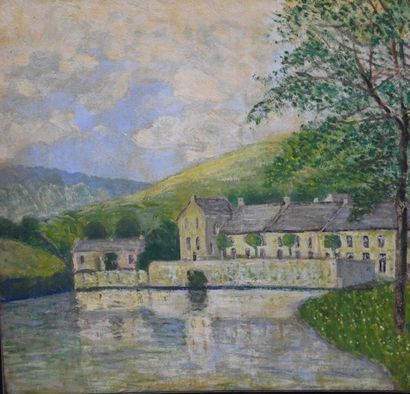 null Maurice des Ombiaux ( 1868 - 1943 ). Traditional houses by the lake, signed...
