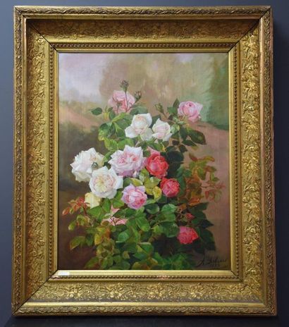 null Alexandre Debrus ( 1843-1905 ). Still life with a bouquet of roses. Oil on canvas...