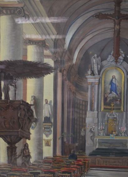 null Albert Ducat. "Church Interior." Oil on canvas signed lower right. 51 x 61 cm...