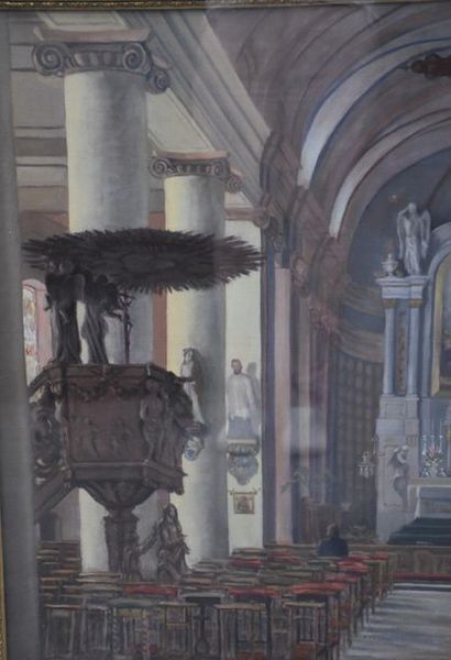 null Albert Ducat. "Church Interior." Oil on canvas signed lower right. 51 x 61 cm...
