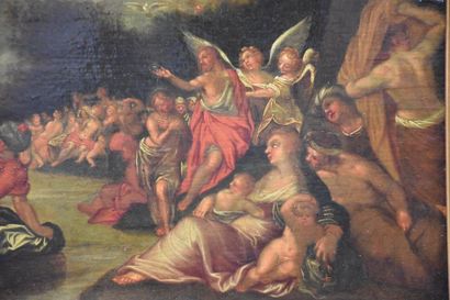null Huile sur panneau de chêne XVII ème siècle . " Le baptême du Christ " , animé...