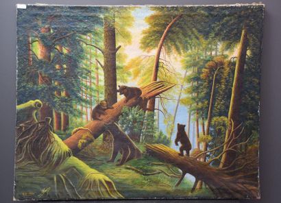 null Russian school, oil on canvas "Bears in the forest". Signed in Cyrillic lower...