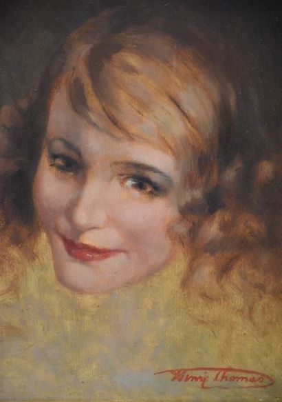 null Henri Joseph Thomas ( 1878 - 1972 ) . Tête de jeune fille souriante. Huile sur...