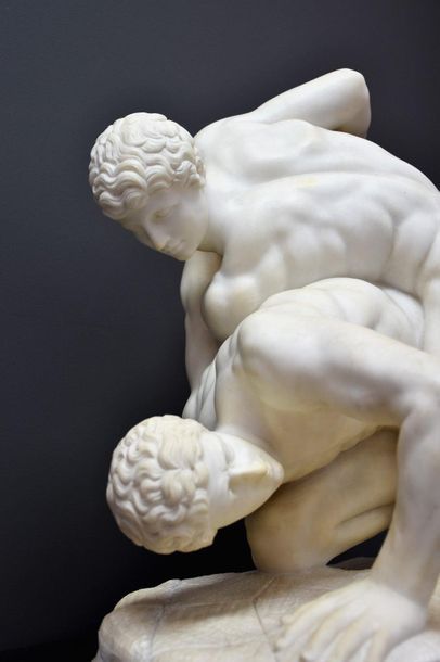 null The wrestlers, an antique alabaster sculpture. Small crack in the ankle. Ht...