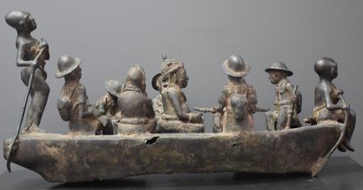 null Important bronze du Benin, barque chargée de personnages africains et de missionnaires...