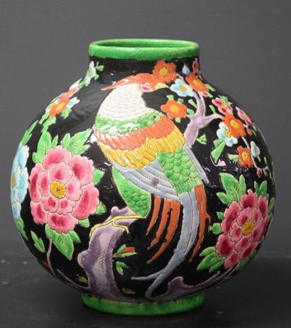 null Boch Keramis vase with peacock enamel decoration. Ht: 26 cm.